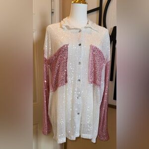 Pol Pink and White Sequin Button-Up Shirt